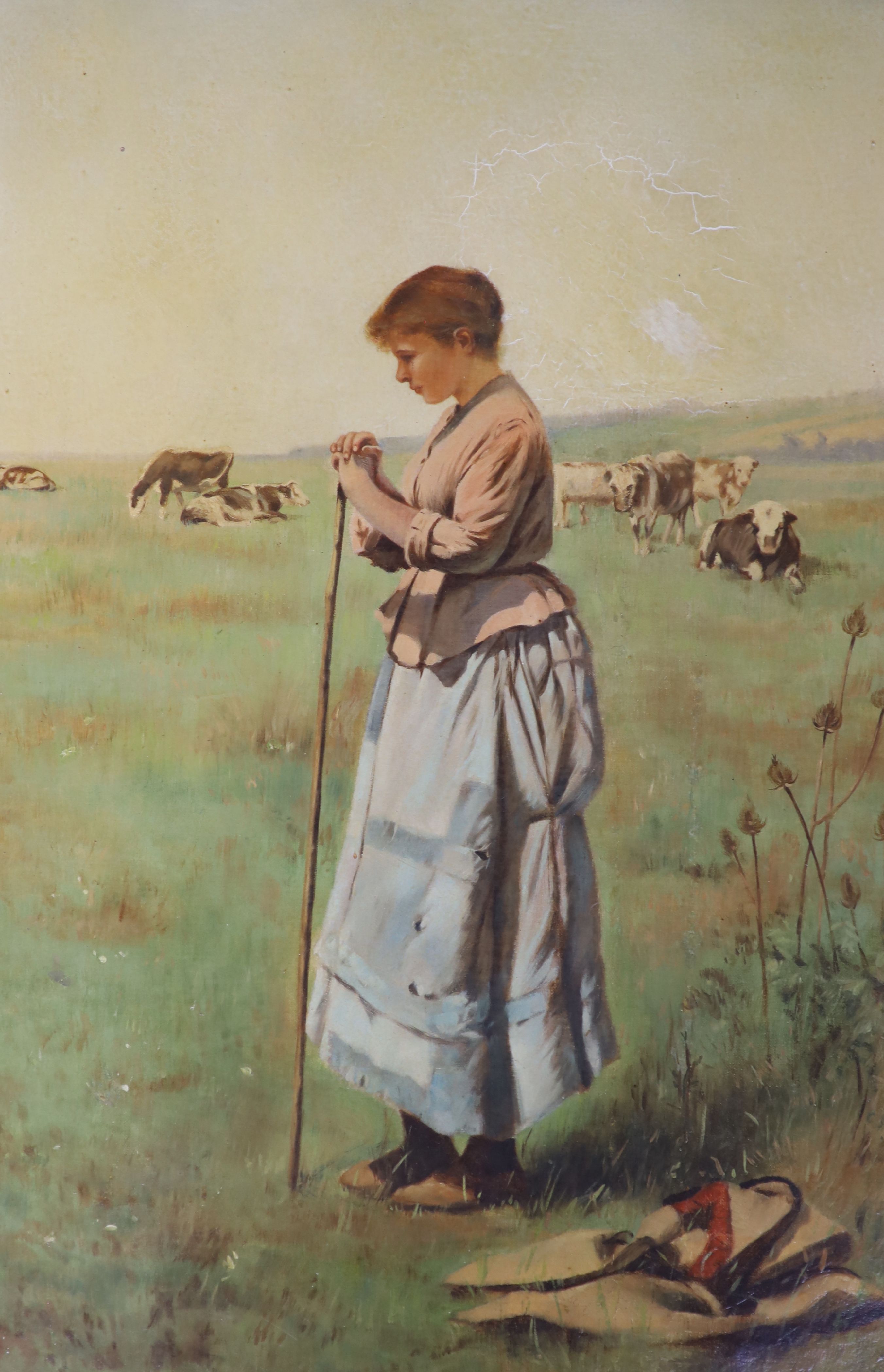 French School, oleograph, Cowherd in a landscape, 66 x 43cm